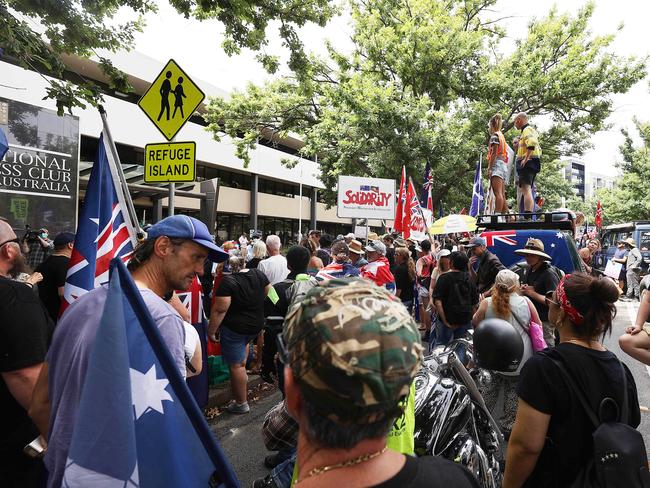 CANBERRA, AUSTRALIA NewsWire Photos FEBRUARY, 01 2022:  Hundreds of protesters blocked the entrance to the National Press club ahead of Prime Minister of Australia Scott Morrison addresses to the National Press Club in Canberra.Picture: NCA NewsWire / Gary RamagePicture: NCA NewsWire / Gary Ramage