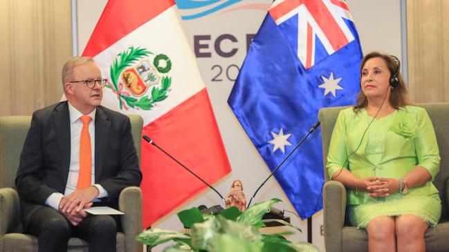 Prime Minister Anthony Albanese with Peru's President Dina Boluarte during a bilateral meeting on the sidelines of the APEC Summit. Picture: Ricardo Cuba/ANDINA/AFP