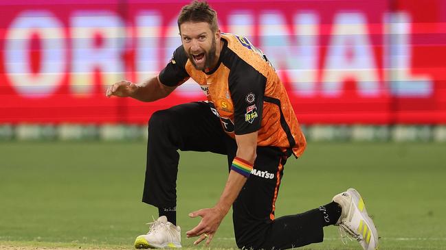 Andrew Tye of the Scorchers celebrates after getting a wicket against the Renegades at Optus Stadium. Picture: Paul Kane/Getty Images