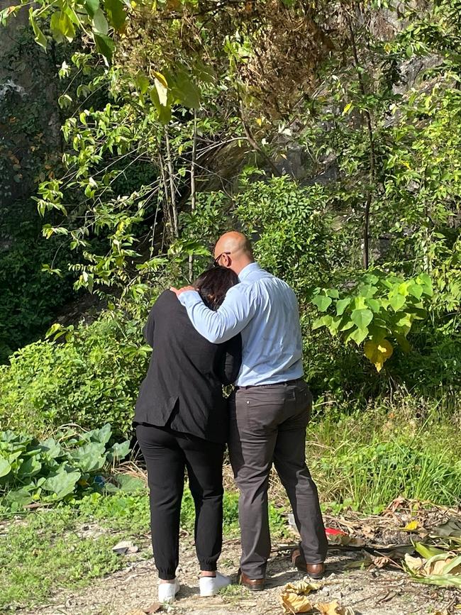 Greg Jenkins and sister Jen Bowen at the construction site in Malaysia where their mother Anna Jenkins’ remains were discovered, as the Coroner and officials from the inquest inspect the site. Picture: Greg Jenkins