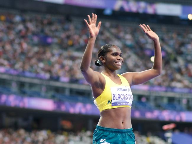 Australian paralympic 400m runner Telaya Blacksmith lines up for the 400m T-20 class at the Paris Paralympics on Monday night, September 2, 2024. Photo: Jacquelin Magnay