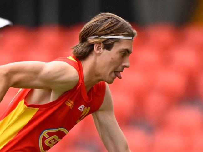 GOLD COAST, AUSTRALIA - JULY 03: Kalani White of Gold Coast warms up prior to the AFL National Development Championships U16 boys match between Gold Coast Suns and Tasmania at Heritage Bank Stadium on July 03, 2023 in Gold Coast, Australia. (Photo by Matt Roberts/AFL Photos/Getty Images)