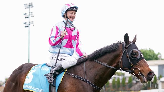 Linda Meech brings Thought Of That back to the winner’s stall after winning at The Valley last week. Picture: Racing Photos via Getty Images