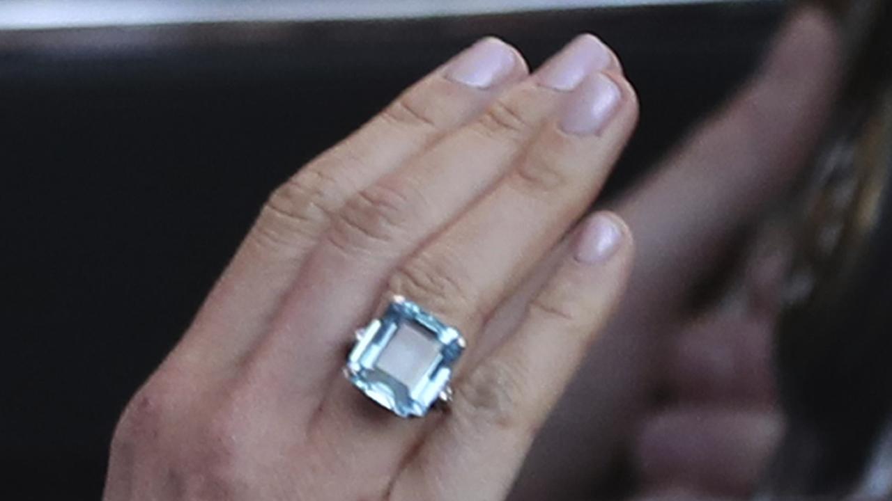 A close up of the ring worn by the newly married Meghan Markle leaving Windsor Castle. Picture: AP