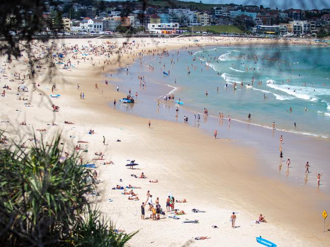 A very hot day in Sydney with many people flocking to Bondi Beach to cool down on Thursday. Picture: NCA NewsWire