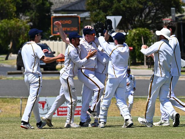 Highton celebrates a stunning catch by Brady Somers in the slips. Picture: Wes Cusworth