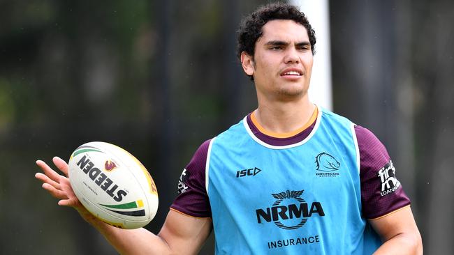 Xavier Coates is seen during Brisbane Broncos training at Clive Berghofer Field in Brisbane, Thursday, June 27, 2019. The Broncos are playing the Knights in their round 15 NRL clash in Newcastle on Saturday. (AAP Image/Darren England) NO ARCHIVING