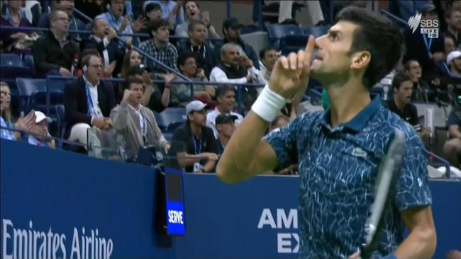 An angry Djokovic gestures at the crowd during the US Open final.