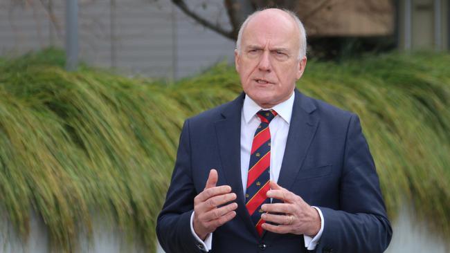 Transport Minister Eric Abetz speaks to the media at Parliament Square in Hobart on Thursday, August 15, 2024.