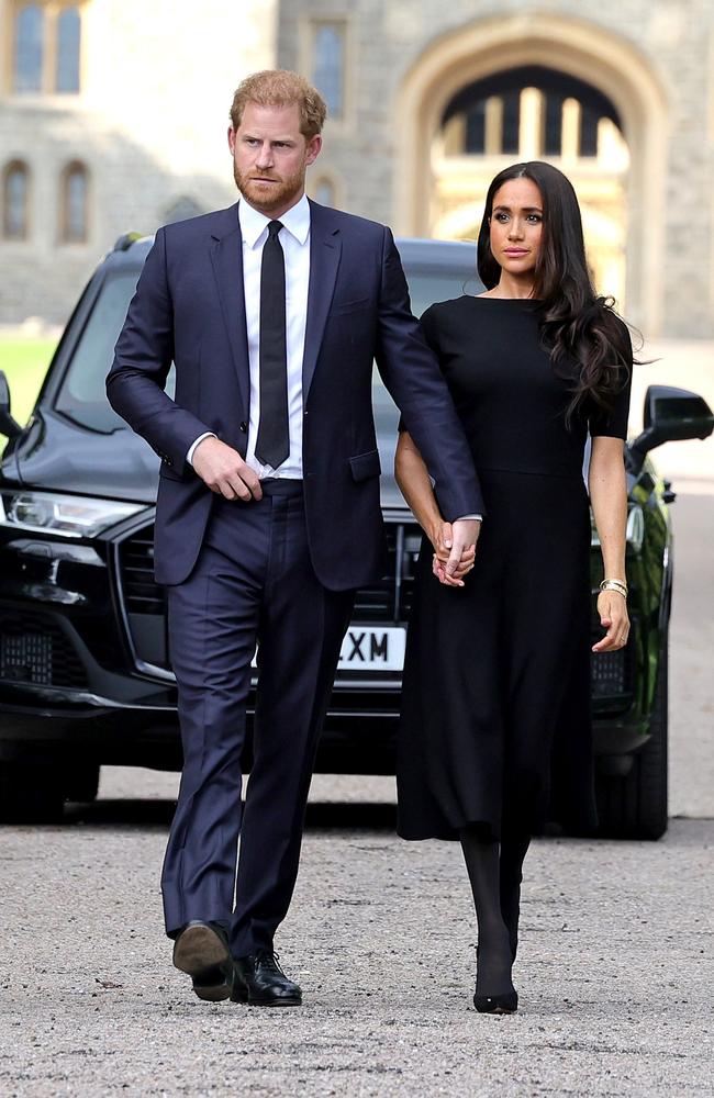 Prince Harry, Duke of Sussex, and Meghan, Duchess of Sussex on the long Walk at Windsor Castle arrive to view flowers and tributes to HM Queen Elizabeth on September 10, 2022. Picture: Getty