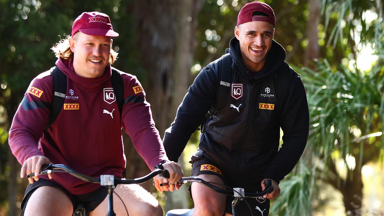 GOLD COAST, AUSTRALIA - JULY 10: Reuben Cotter and Valentine Holmes arrive during a Queensland Maroons State of Origin training session at Sanctuary Cove on July 10, 2023 in Gold Coast, Australia. (Photo by Chris Hyde/Getty Images)