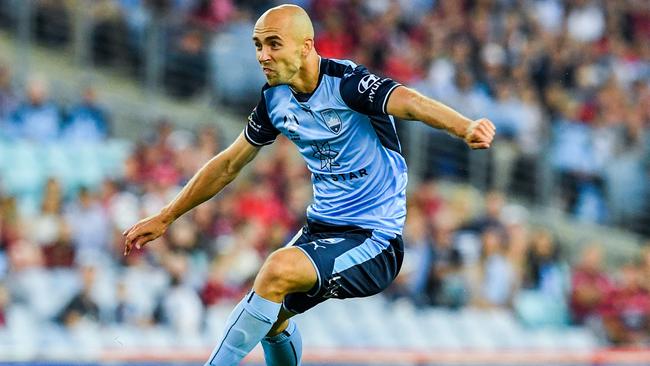 Sydney FC star Adrian Mierzejewski shoots and scores against Western Sydney Wanderers on Saturday night.