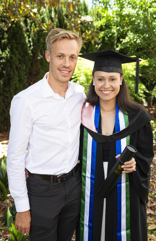 Bachelor of Education (Primary) graduate Tehanee Parker with Jacob Parker at a UniSQ graduation ceremony at The Empire, Tuesday, October 29, 2024. Picture: Kevin Farmer