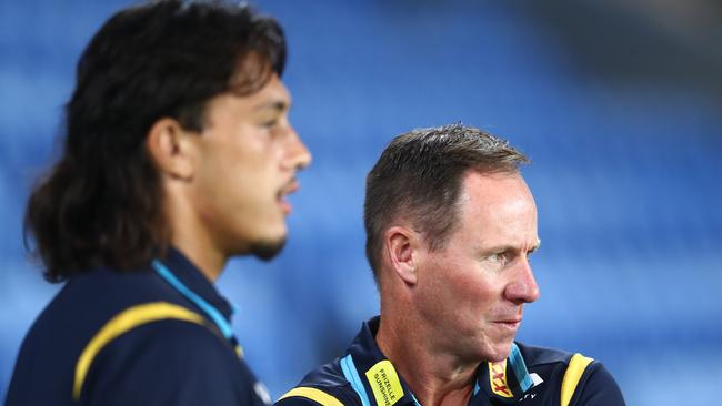 GOLD COAST, AUSTRALIA - FEBRUARY 19: Titans coach Justin Holbrook looks on during the NRL trial match between the Gold Coast Titans and the Brisbane Broncos at Cbus Super Stadium on February 19, 2022 in Gold Coast, Australia. (Photo by Chris Hyde/Getty Images)