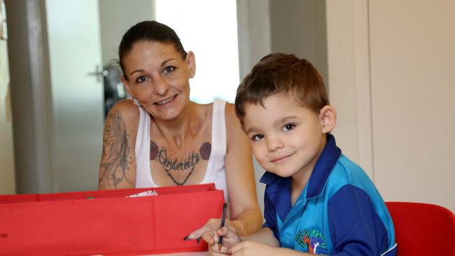 Danielle Gately with her Parramata Park State School grade 1 student Jaxson Briscoe, 5, home schooling in Parramatta Park. PICTURE: STEWART McLEAN