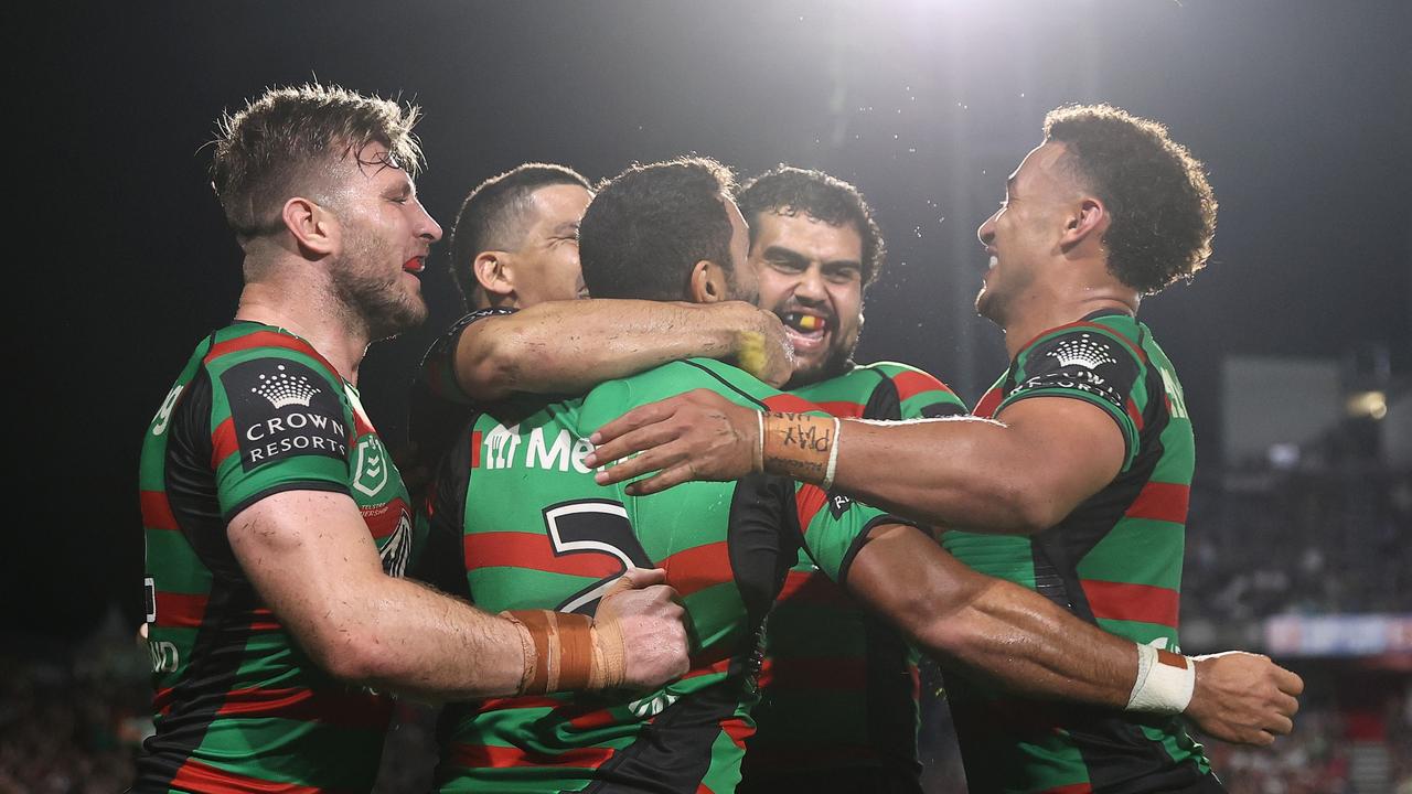 GOSFORD, AUSTRALIA - APRIL 29: Cody Walker of the Rabbitohs celebrates scoring a try during the round eight NRL match between the South Sydney Rabbitohs and the Manly Sea Eagles at Central Coast Stadium, on April 29, 2022, in Gosford, Australia. (Photo by Cameron Spencer/Getty Images)