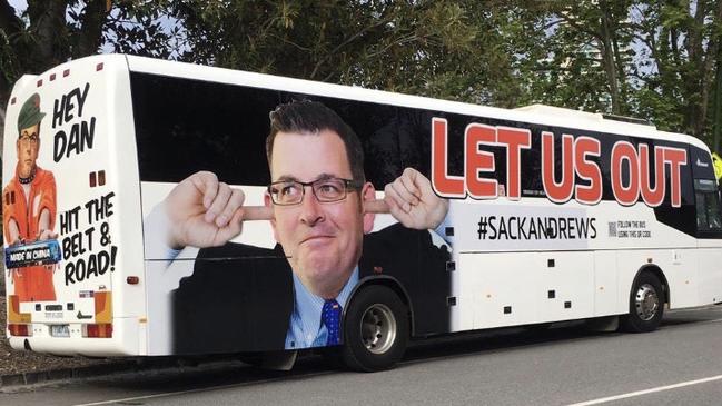 The ‘Sack Andrews’ bus at the Melbourne anti-lockdown protests at the Shrine of Remembrance on Friday.