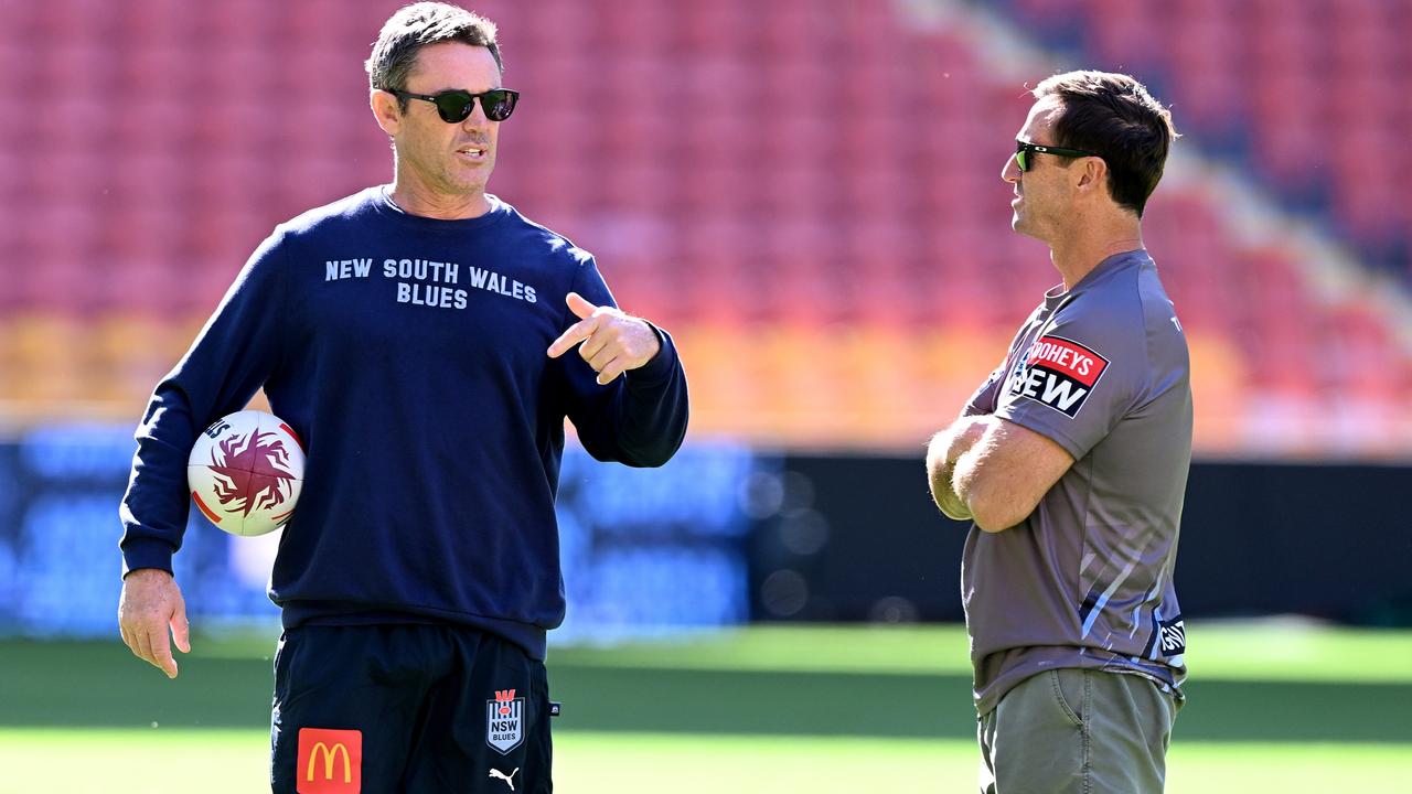 Coach Brad Fittler talk tactics with Assistant Coach Andrew Johns during a New South Wales Blues State of Origin training session at Suncorp Stadium on June 20, 2023 in Brisbane, Australia. (Photo by Bradley Kanaris/Getty Images)