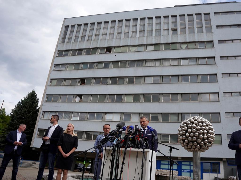Slovakia's president-elect Peter Pellegrini in front of the hospital in Banska Bystrica, Slovakia, where Slovak Prime Minister Robert Mr Fico is being treated. Picture: AFP