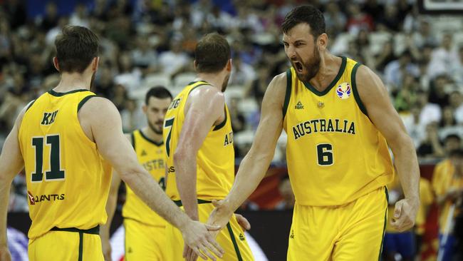 Andrew Bogut is pumped after the Aussies reached the World Cup semifinals.