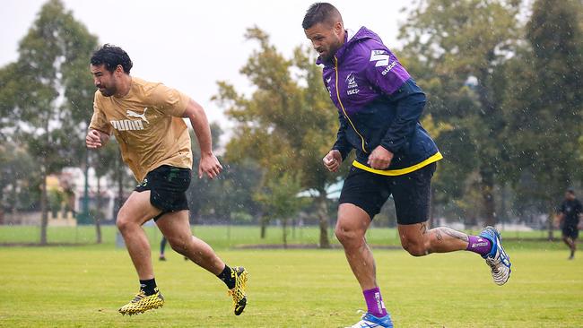 Storm players Jahrome Hughes and Sandor Earl training at Gosch’s Paddock in Melbourne on Friday Picture: Ian Currie