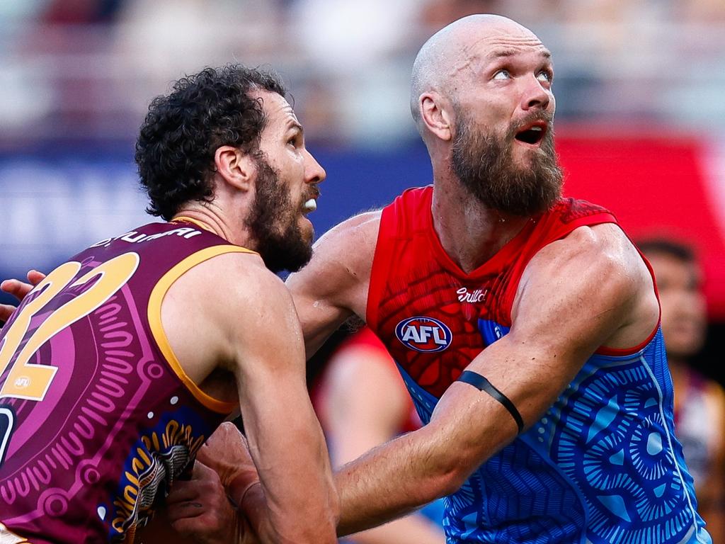 Max Gawn had his way with Oscar McInerney out of the Lions’ team. Picture: Russell Freeman/AFL Photos via Getty Images