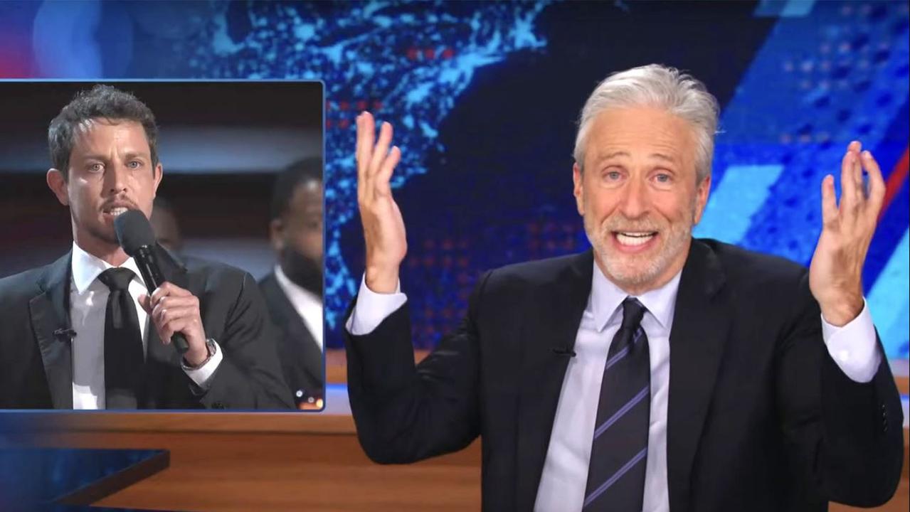 Jon Stewart defended comedian Tony Hinchcliffe’s offensive jokes at former President Donald Trump’s Madison Square Garden rally. Picture: The Daily Show