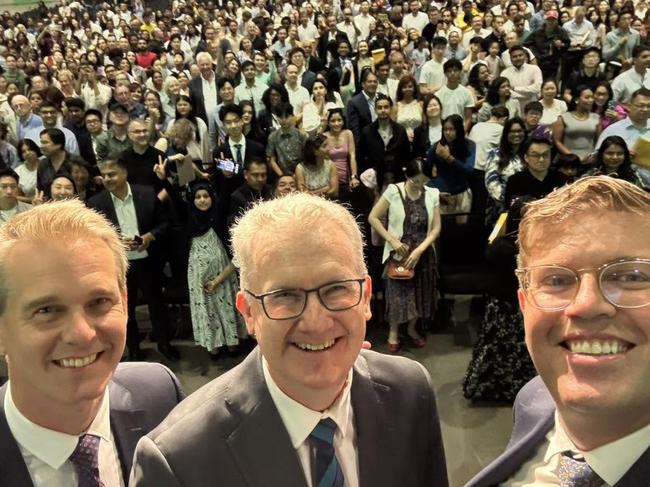 (Left to right) MPs Andrew Charlton, Tony Burke and Jerome Laxale during a citizenship ceremony in Sydney.