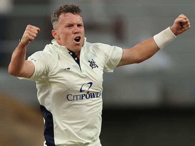 PERTH, AUSTRALIA - MARCH 18: Peter Siddle of Victoria celebrates the wicket of Corey Rocchiccioli of Western Australia and winning the match on day 4 of the Sheffield Shield match between Western Australia and Victoria at the WACA Ground, on March 18, 2025, in Perth, Australia. (Photo by Paul Kane/Getty Images)