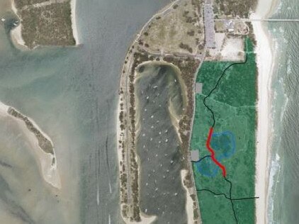 The Spit and littoral rainforest restoration - the red area shows a proposed boardwalk, and two grey sections show planned car parks.