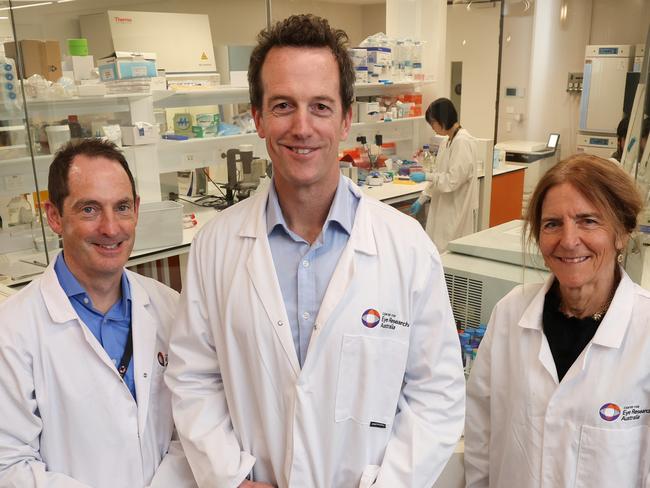 Managing director of Centre for Eye Research Australia Professor Keith Martin, Dr Tom Edwards, who co-leads its Retinal Gene Therapy program and Professor Jean Bennett, who discovered the gene therapy. Picture: David Caird