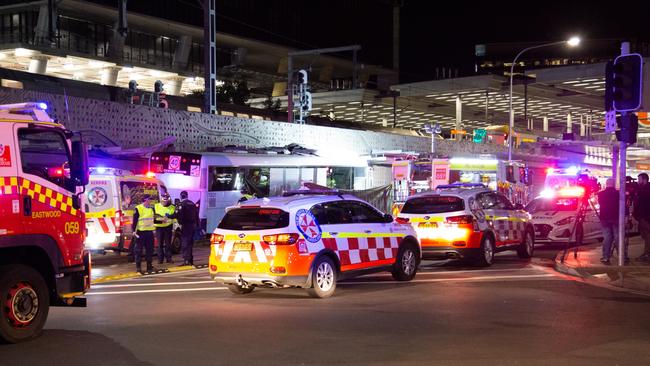 Emergency services at the interchange in Parramatta CBD last night. Picture: Dean Asher