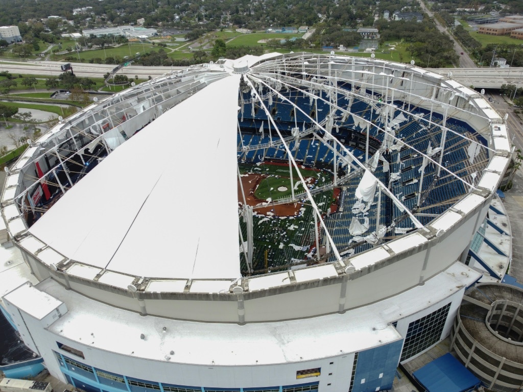 A drone image shows the dome of Tropicana Field,  torn open by Hurricane Milton in St. Petersburg, Florida, on October 10, 2024