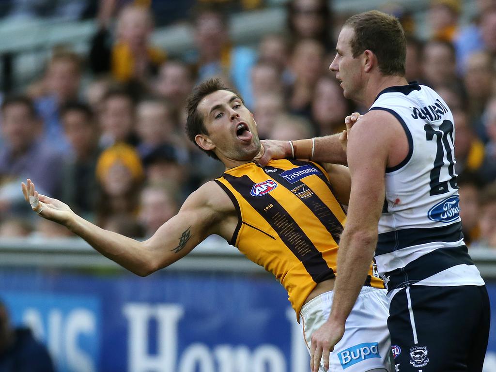 Steve Johnson and Luke Hodge got into it in 2014. Picture: Wayne Ludbey