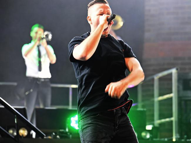 MC Pressure in action as Hilltop Hoods play Brisbane Riverstage on Friday, August 23, 2019. They play again Saturday. Picture: John Gass/AAP