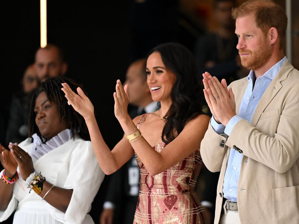 Harry and Meghan with Colombia's vice-President Francia Marquez applaud while attending a show during a visit to the National Centre for the Arts in Bogota. Picture: AFP