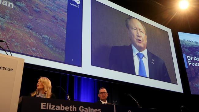 CEO Elizabeth Gaines listens as Andrew Forrest speaks from overseas at the Fortescue Metals AGM in Perth. Picture: Colin Murty