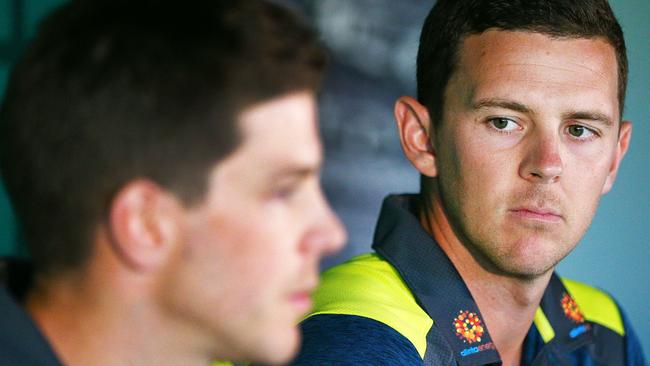 Tim Paine (L) and Josh Hazlewood present the player review. Picture: Getty