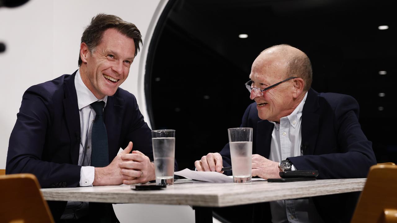 Chris Minns and Phil Rothfield sip water at the Marina’s Edge Restaurant. Picture: Richard Dobson