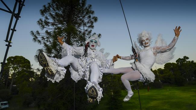 Gratte Ciel’s Cedric Clary, left, and Louise Aussibal rehearsing mid-air ahead of the circus company’s four performances at WOMADelaide this weekend. Picture: Roy VanDerVegt