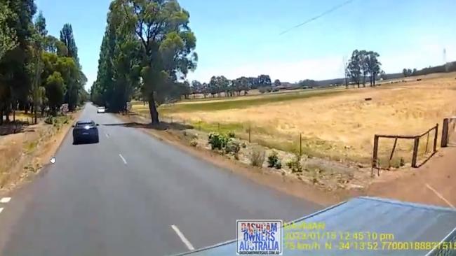 The Jeep was pushed along in front of the truck before careering off the road. Picture: Dashcam Owners Australia