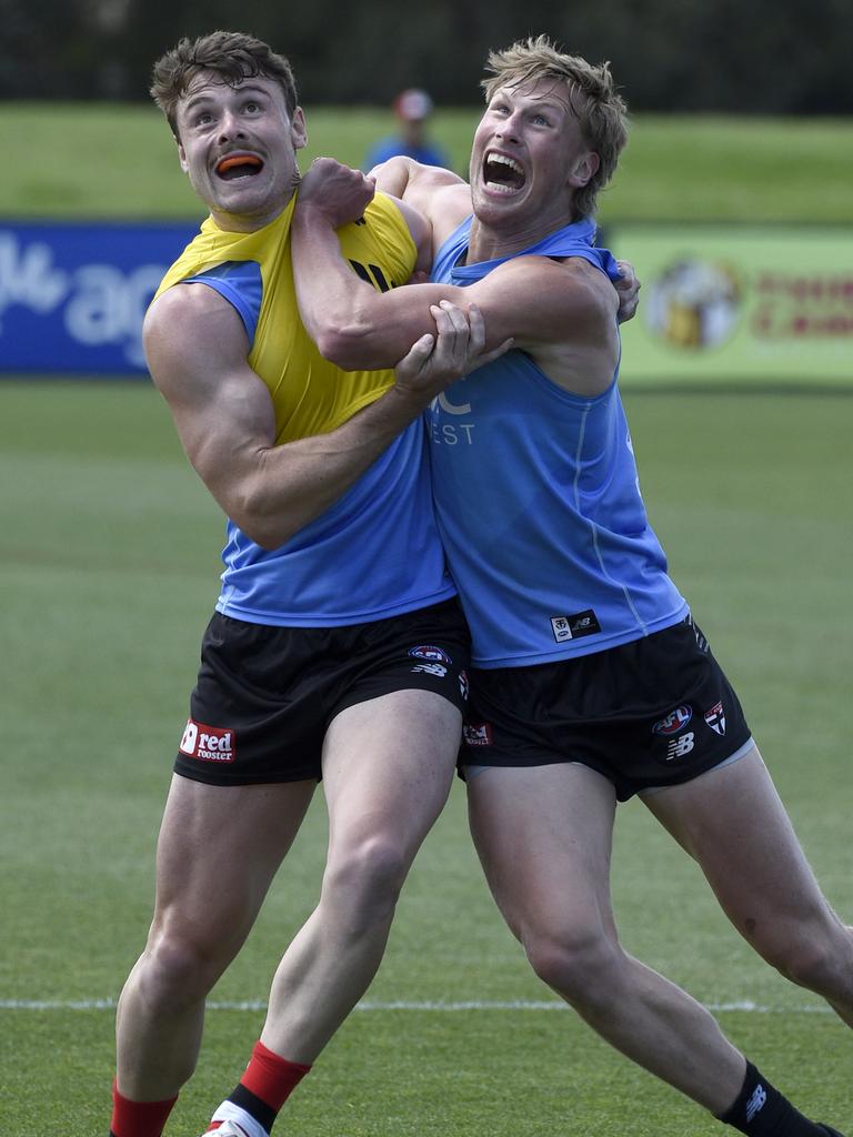 Harry Boyd and Max Heath at St Kilda training. Picture: Andrew Henshaw