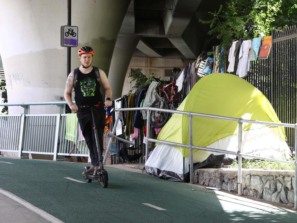 Homeless tent and rough living is occurring along the Bicentennial Bikeway from Victoria Bridge though to William Jolly Bridge. Picture: David Clark