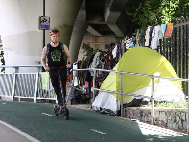 Homeless tent and rough living is occurring along the Bicentennial Bikeway from Victoria Bridge though to William Jolly Bridge. Picture: David Clark