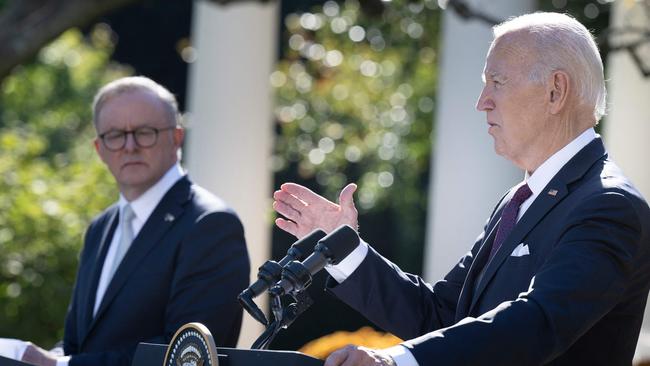 US President Joe Biden (R) speaks during a joint press conference with Australia's Prime Minister Anthony Albanese at the Rose Garden of the White House in Washington, DC, on October 25, 2023. (Photo by Brendan Smialowski / AFP)