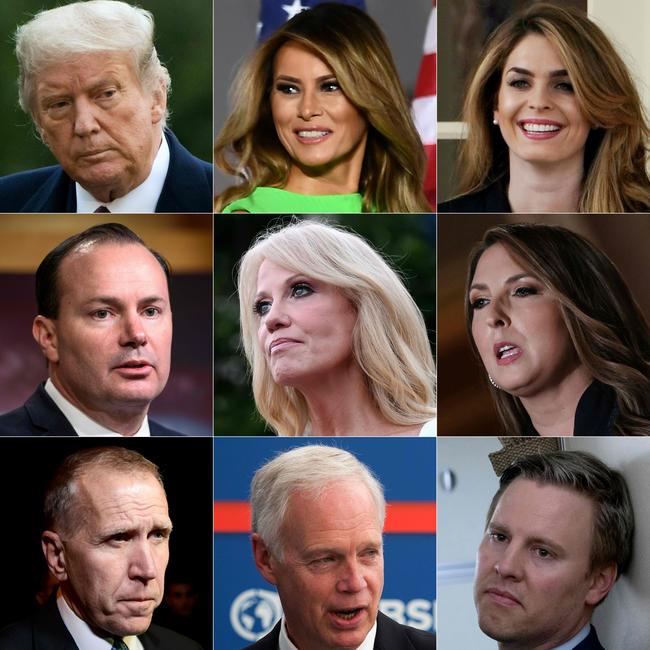 This combination of file pictures of nine people infected in recent days shows, left to right, top to bottom: US President Donald Trump, first lady Melania Trump, former communications director Hope Hicks, US Senator Mike Lee, Counsellor to the President Kellyanne Conway, Republican National Committee chair Ronna McDaniel, US Senator Thom Tillis, US Senator Ron Johnson, and Trump campaign manager Bill Stepien. Pictures: AFP