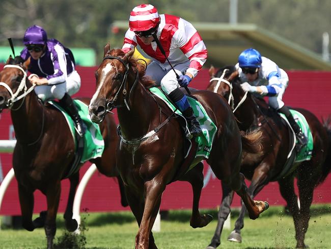 SYDNEY, AUSTRALIA - MARCH 15: Kerrin McEvoy riding Skyhook  win Race 3 TAB Pago Pago Stakes during "Chandon Ladies Day" - Sydney Racing at Rosehill Gardens on March 15, 2025 in Sydney, Australia. (Photo by Jeremy Ng/Getty Images)