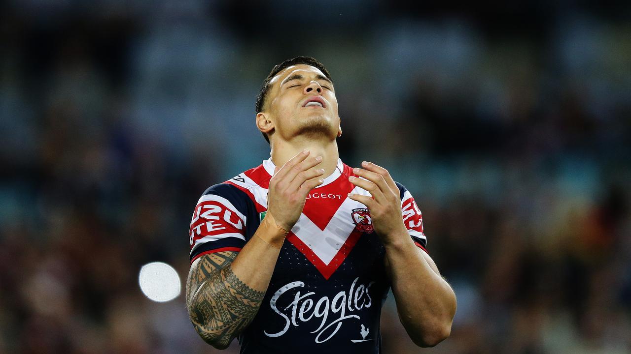 Roosters Sonny Bill Williams prays as he enters the field during the Sydney Roosters v South Sydney rugby league Preliminary Final at ANZ Stadium, Sydney. Pic Brett Costello