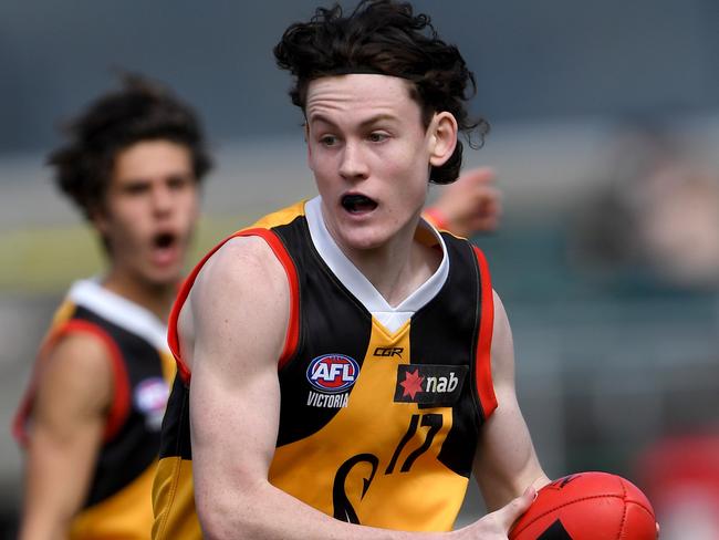 Bryce Milford in action during the NAB League football match between Calder Cannons and Dandenong Stingrays in Carlton North, Sunday, Sept. 1, 2019. Picture: Andy Brownbill