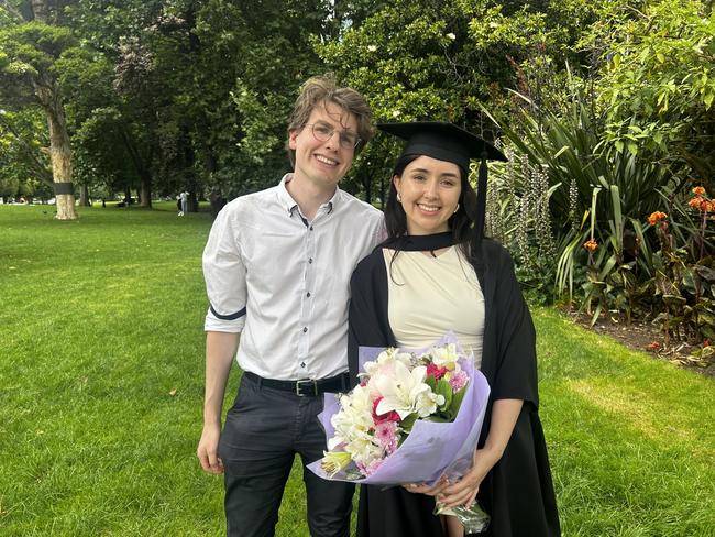 Ramone Mai-Schlien and Cara Belvedere at the University of Melbourne's Faculty of Architecture, Building and Planning graduation ceremony at the Royal Exhibition Building on December 6, 2024. Picture: Harvey Constable